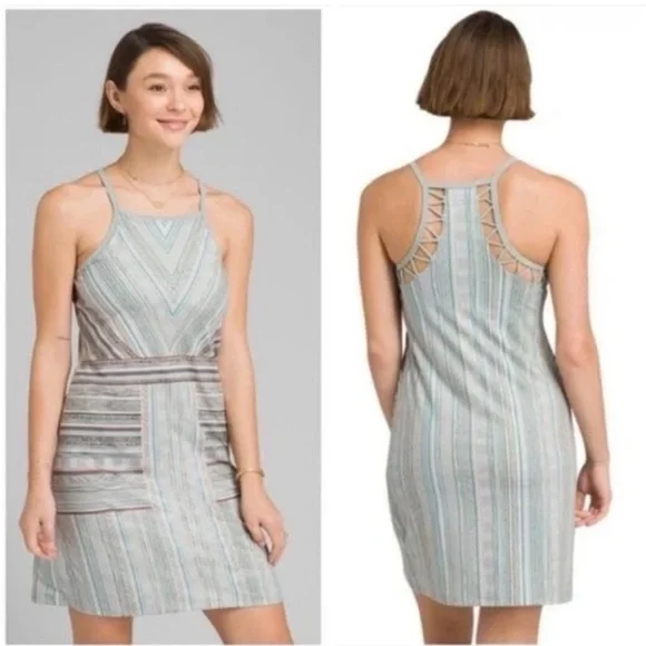 ⭐️3/$25⭐️ Prana Striped Midi Dress - Gray and Blue NWOT - Picture 1 of 7
